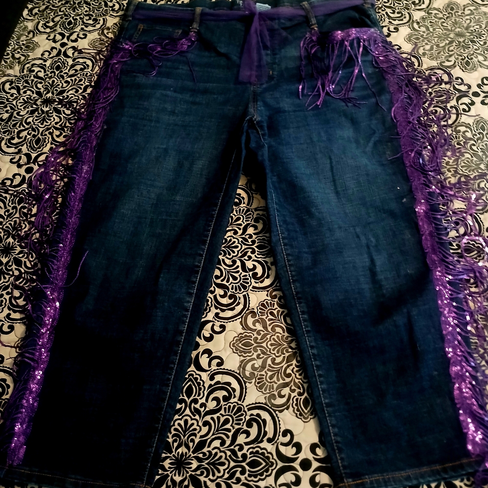 Women's Dark Blue Jeans with Purple Fringe Trim